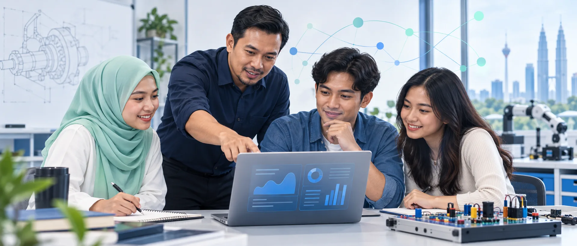 Illustration of a lecturer guiding three students during an engineering learning activity