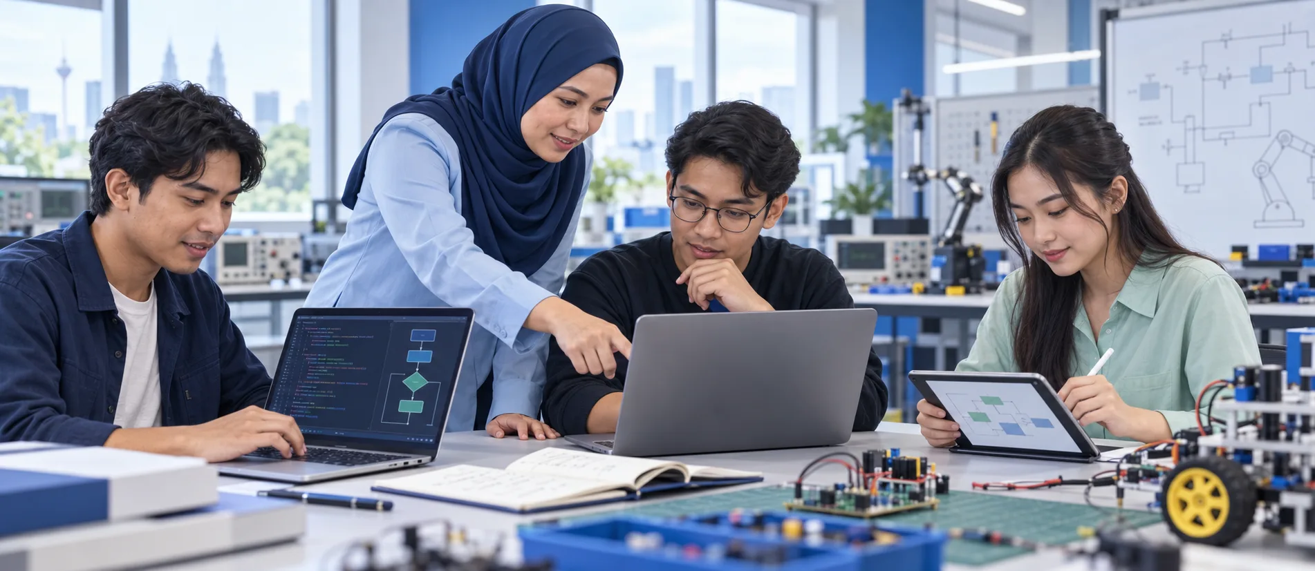 AI-generated illustration of a female lecturer guiding adult students using laptops and a stylus tablet for engineering assessments